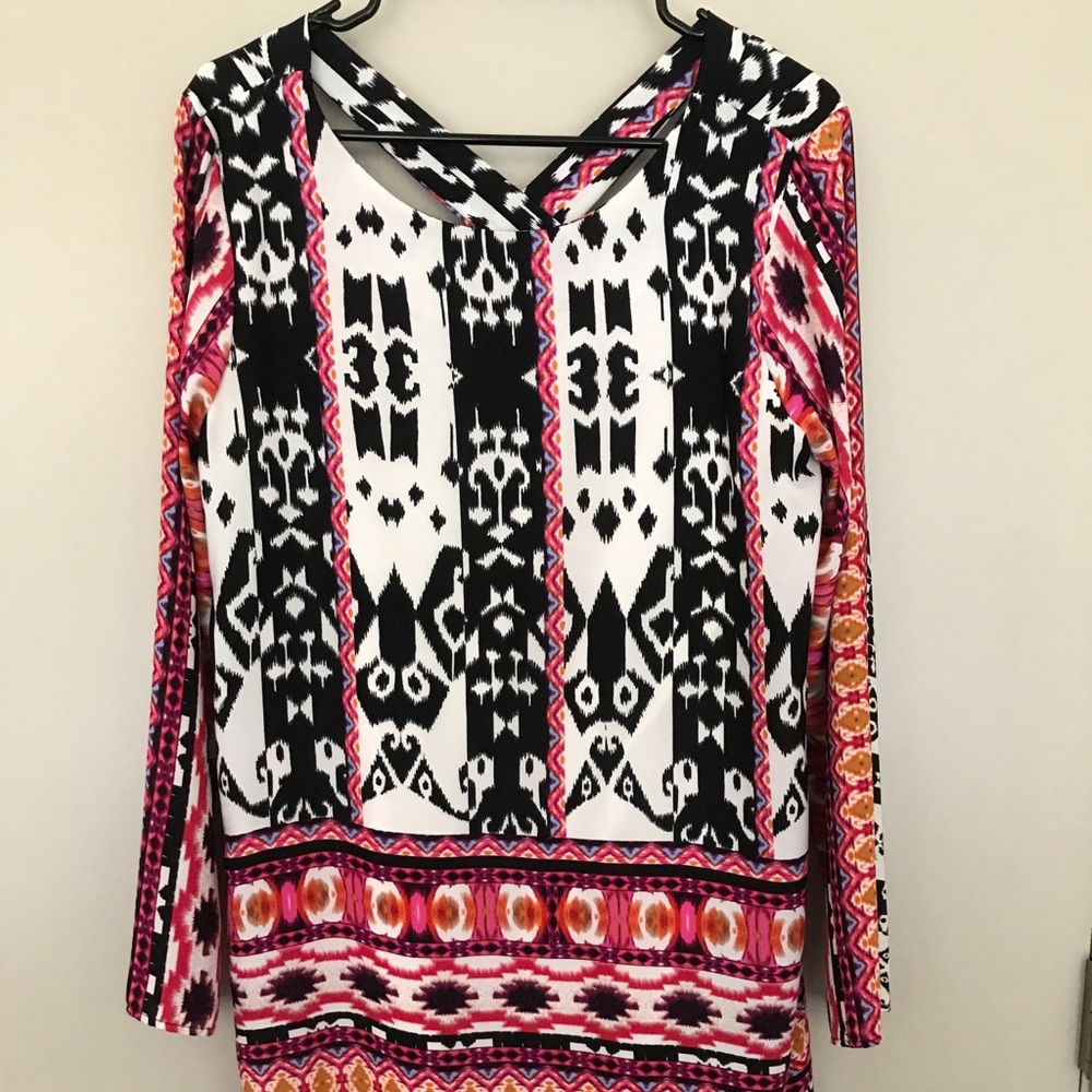 Long sleeve printed shift dress with cross back